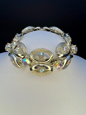 Vintage Coro Rhinestone Bracelet Aurora Borealis Wide Link Bracelet 1950s 1960s